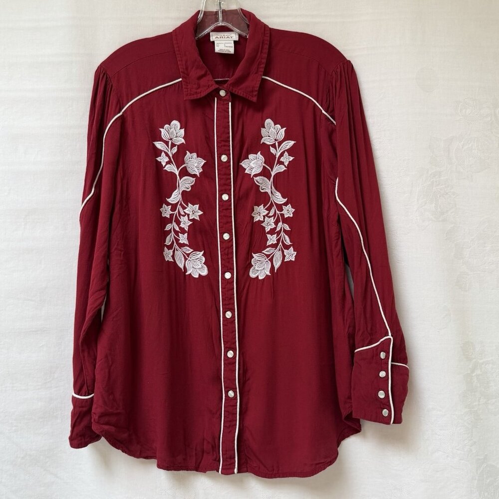 Ariat Shirt Womens Large Burgundy Floral Embroidered Western Pearl Snap Piping